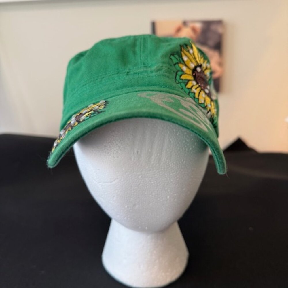 Green Casual Hat with Sunflower and Rhinestone accents